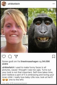 Ulrikke Falch. Norsk skuespiller. Medvirkede i tv-serien SKAM. Hun inspirerer til selvværd, selvaccept og mangfoldighed på Instagram.